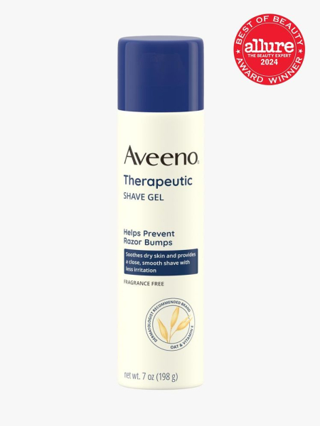 Aveeno Therapeutic Shave Gel branded bottle component with blue accents on a light gray background with red Allure Best of Beauty seal in the top right corner